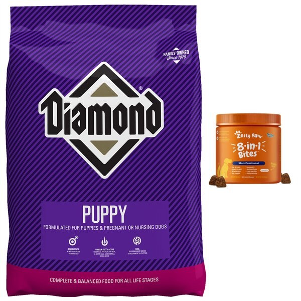 Diamond Puppy Formula Dry Food + Zesty Paws 8-in-1 Multivitamin Bites Chicken Flavor Dog Supplement slide 1 of 6