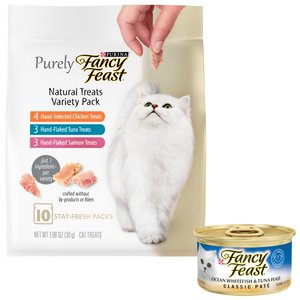Fancy Feast Classic Ocean Whitefish & Tuna Feast Canned Food + Purely Natural Treats Cat Treats