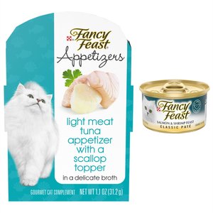 Fancy Feast Classic Salmon & Shrimp Feast Canned Food + Appetizers Light Meat Tuna with a Scallop Topper Cat Treats