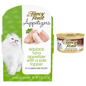 Fancy Feast Classic Tender Beef Feast Canned Food + Appetizers Skipjack Tuna with a Sole Topper Cat Treats