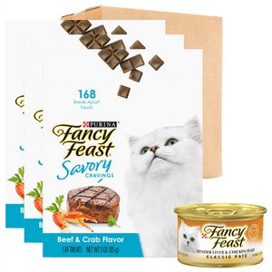 Fancy Feast Classic Tender Liver & Chicken Feast Canned Food + Savory Cravings Limited Ingredient Beef & Crab Flavor Cat Treats