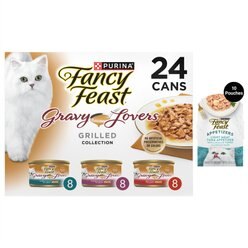 Fancy Feast Gravy Lovers Poultry & Beef Feast Canned Food, 3-oz, case of 24 + Appetizers Light Meat Tuna with a Scallop Topper Cat Treats