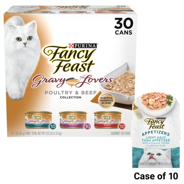 Fancy Feast Gravy Lovers Poultry & Beef Feast Canned Food, 3-oz, case of 30 + Appetizers Light Meat Tuna with a Scallop Topper Cat Treats slide 1 of 9