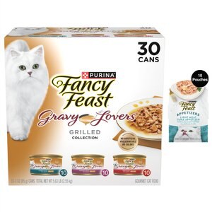 Fancy Feast Gravy Lovers Poultry & Beef Feast Canned Food, 3-oz, case of 30 + Appetizers Light Meat Tuna with a Scallop Topper Cat Treats