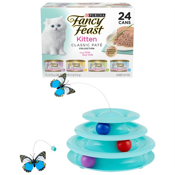 Fancy Feast Tender Feast Canned Food + Frisco Cat Tracks Butterfly Cat Toy slide 1 of 6