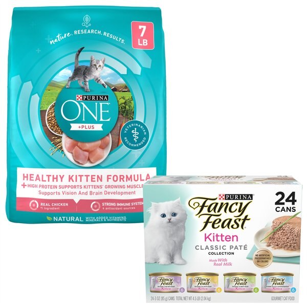 Fancy Feast Tender Feast Canned Food + Purina ONE Healthy Kitten Formula Dry Cat Food, 7-lb bag slide 1 of 9