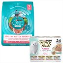 Fancy Feast Tender Feast Canned Food + Purina ONE Healthy Kitten Formula Dry Cat Food, 7-lb bag
