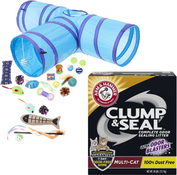 Frisco Plush, Teaser, Ball & Tri-Tunnel Toy with Catnip + Arm & Hammer Litter Clump & Seal Multi-Cat Scented Clumping Clay Cat Litter slide 1 of 6