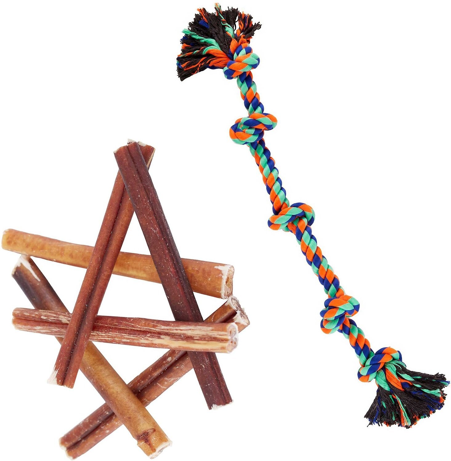 Frisco Rope with 5 Knots Toy + Bones & Chews Bully Stick 6" Dog Treats