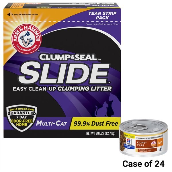 Hill's Prescription Diet k/d Kidney Care Chicken & Vegetable Stew Canned Food + Arm & Hammer Litter Slide Multi-Cat Scented Clumping Clay Cat Litter slide 1 of 7