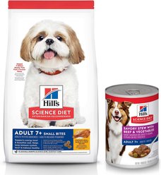 Hill's Science Diet Adult 7+ Small Bites Chicken Meal, Barley & Rice Recipe Dry Food + Savory Stew with Beef & Vegetables Canned Dog Food