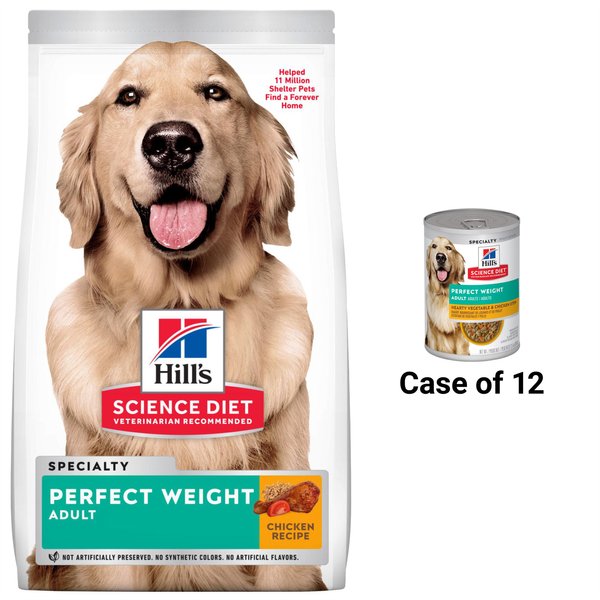 Hill's Science Diet Adult Perfect Weight Chicken Recipe Dry Food, 4-lb bag + Hearty Vegetable & Chicken Stew Canned Dog Food slide 1 of 7