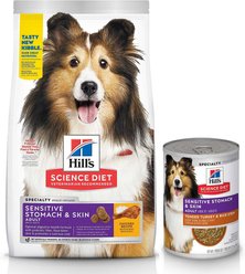 Hill's Science Diet Adult Sensitive Stomach & Skin Chicken Recipe Dry Food, 15.5-lb bag + Tender Turkey & Rice Stew Canned Dog Food