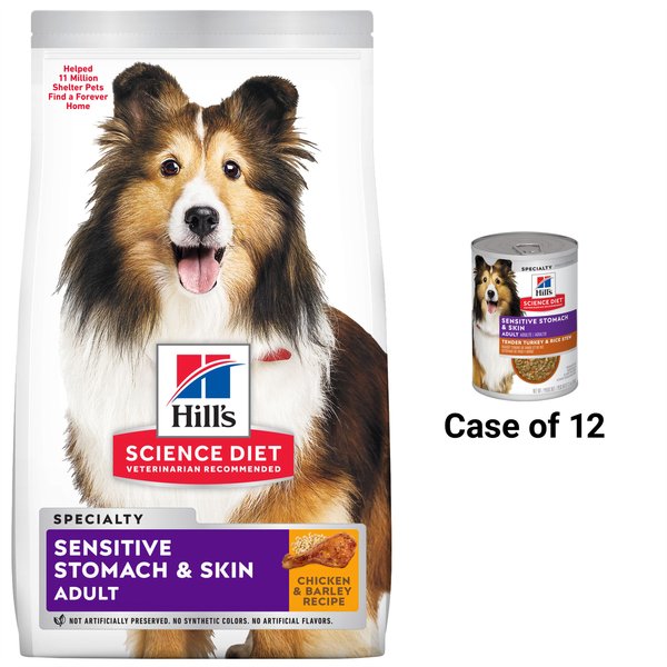 Hill's Science Diet Adult Sensitive Stomach & Skin Chicken Recipe Dry Food, 30-lb bag + Tender Turkey & Rice Stew Canned Dog Food slide 1 of 7