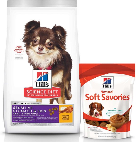 Hill's Science Diet Adult Sensitive Stomach & Skin Small & Mini Breed Chicken Recipe Dry Food + Hill's Natural Soft Savories with Peanut Butter & Banana Dog Treats slide 1 of 7
