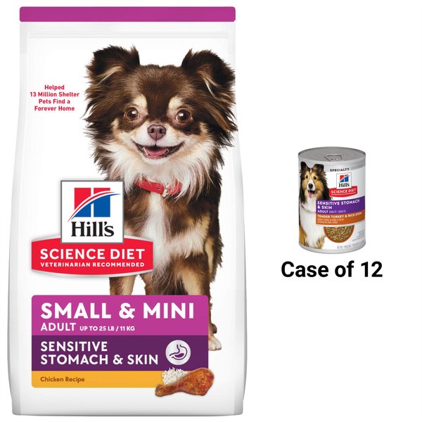 Hill's Science Diet Adult Sensitive Stomach & Skin Small & Mini Breed Chicken Recipe Dry Food, 4-lb bag + Tender Turkey & Rice Stew Canned Dog Food slide 1 of 7