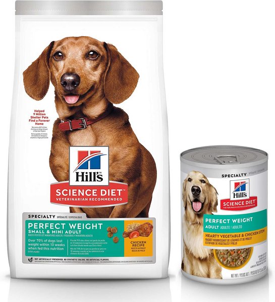Hill's Science Diet Adult Small & Mini Perfect Weight Dry Food, 15-lb bag + Perfect Weight Hearty Vegetable & Chicken Stew Canned Dog Food slide 1 of 7