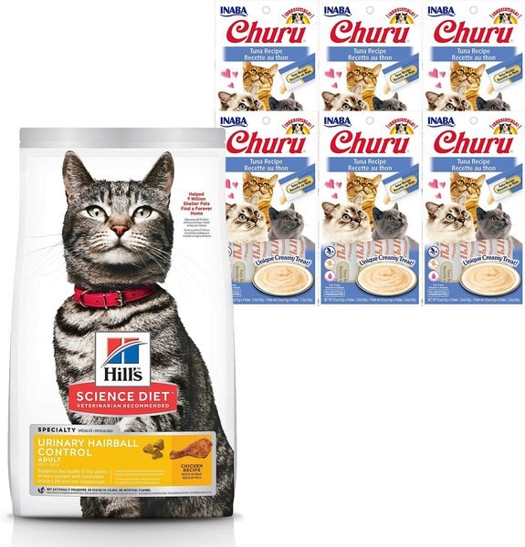 Hill's Science Diet Adult Urinary Hairball Control Dry Food + Inaba Churu Grain-Free Tuna Puree Lickable Cat Treat slide 1 of 6