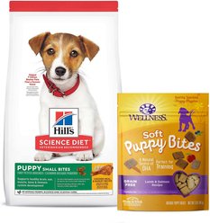 Hill's Science Diet Puppy Healthy Development Small Bites Dry Food + Wellness Soft Puppy Bites Lamb & Salmon Recipe Grain-Free Dog Treats