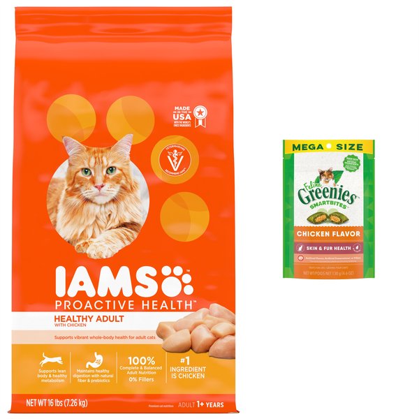 Iams ProActive Health Healthy Adult Original with Chicken Dry Food + Greenies Feline SmartBites Healthy Skin & Fur Chicken Flavor Cat Treats slide 1 of 9