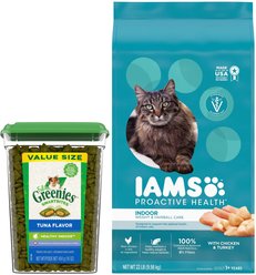 Iams ProActive Health Indoor Weight & Hairball Care Dry Food, 22-lb bag + Greenies Feline Greenies Smartbites Healthy Indoor Tuna Flavored Cat Treats