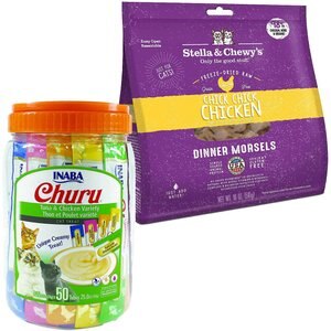 Inaba Churu Tuna & Chicken Puree Grain-Free Lickable Treat + Stella & Chewy's Chick Chick Chicken Dinner Morsels Freeze-Dried Raw Cat Food