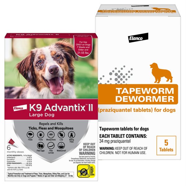 K9 Advantix II Flea & Tick Spot Treatment, 21-55 lbs + Elanco Tapeworm Dog De-Wormer slide 1 of 9