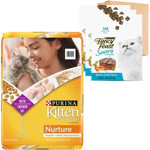 Kitten Chow Nurture Muscle & Brain Development Dry Food + Fancy Feast Savory Cravings Limited Ingredient Beef & Crab Flavor Cat Treats