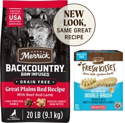 Merrick Backcountry Raw Infused Grain-Free Dry Food Great Plains Red Recipe + Fresh Kisses Double-Brush Mint Breath Strip Infused Medium Dental Dog Treats