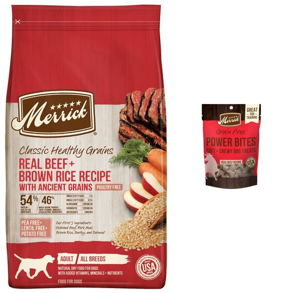 Merrick Classic Healthy Grains Real Beef + Brown Rice Recipe with Ancient Grains Adult Dry Food + Power Bites Real Texas Beef Recipe Grain-Free Soft & Chewy Dog Treats slide 1 of 6