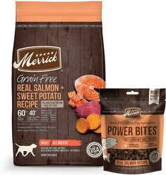 Merrick Grain-Free Real Salmon & Sweet Potato Recipe Dry Food + Power Bites Real Salmon Recipe Grain-Free Soft & Chewy Dog Treats