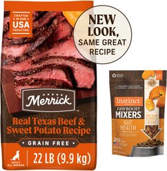 Merrick Real Texas Beef + Sweet Potato Recipe Grain-Free Adult Dry Food + Instinct Freeze-Dried Raw Boost Mixers Grain-Free Gut Health Recipe Dog Food Topper