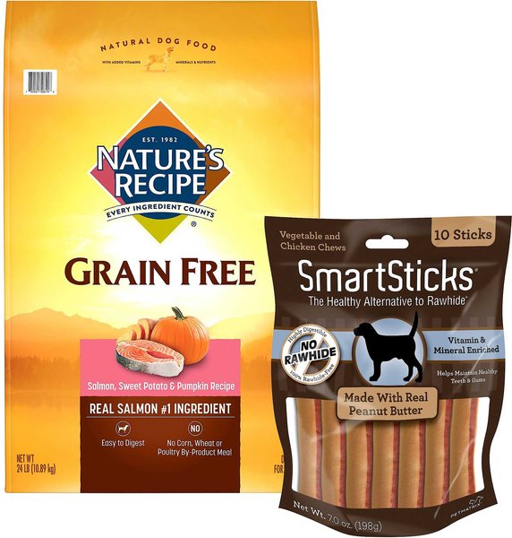 Nature's Recipe Grain-Free Salmon, Sweet Potato & Pumpkin Recipe Dry Food + SmartBones SmartSticks Peanut Butter Chews Dog Treats slide 1 of 6