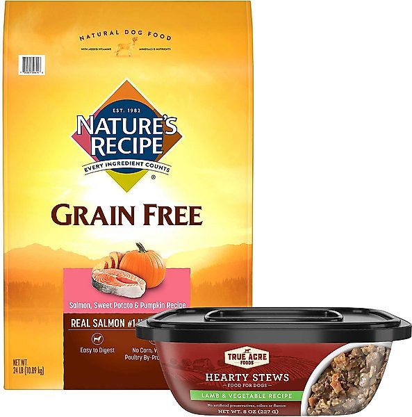 Nature's Recipe Grain-Free Salmon, Sweet Potato & Pumpkin Recipe Dry Food + True Acre Foods Hearty Stews, Lamb & Vegetable Recipe, Wet Dog Food slide 1 of 6
