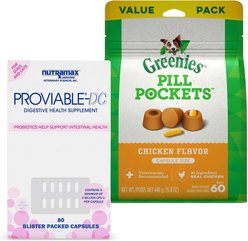 Nutramax Proviable-DC Capsules Supplement + Greenies Pill Pockets Canine Chicken Flavor Dog Treats