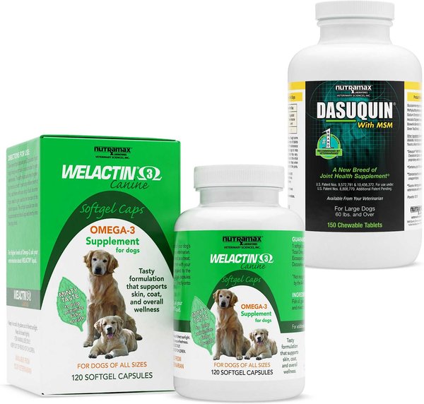 Nutramax Welactin Canine Omega-3 Softgel Capsules + Dasuquin with MSM Joint Health Chewable Tablets Large Dog Supplement slide 1 of 9