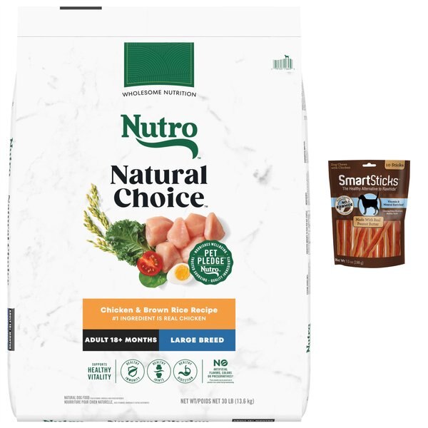 Nutro Natural Choice Large Breed Adult Chicken & Brown Rice Recipe Dry Food + SmartBones SmartSticks Peanut Butter Chews Dog Treats slide 1 of 8