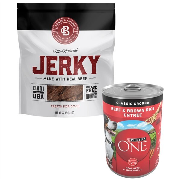 Purina ONE SmartBlend Classic Ground Beef & Brown Rice Entree Adult Canned Food + Bones & Chews All Natural Grain-Free Jerky Made with Real Beef Dog Treats slide 1 of 9