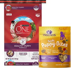 Purina ONE SmartBlend Healthy Puppy Formula Dry Food + Wellness Soft Puppy Bites Lamb & Salmon Recipe Grain-Free Dog Treats