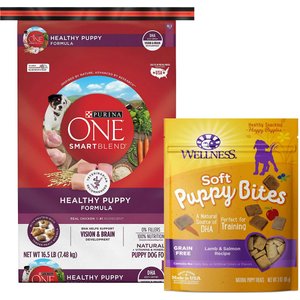 Purina ONE SmartBlend Healthy Puppy Formula Dry Food + Wellness Soft Puppy Bites Lamb & Salmon Recipe Grain-Free Dog Treats