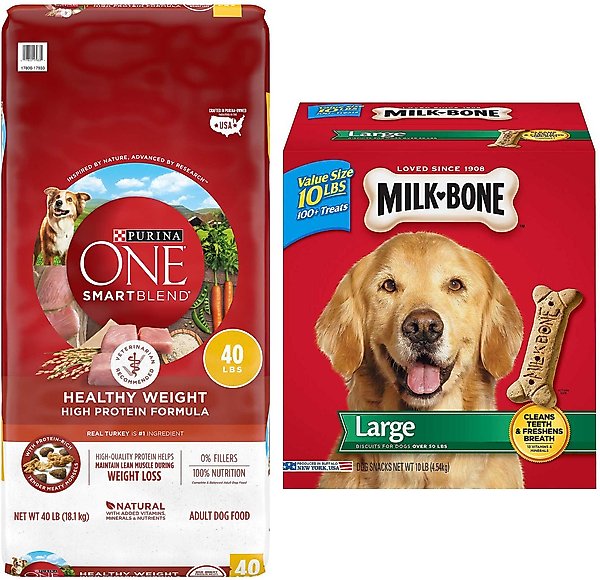 Purina ONE SmartBlend Healthy Weight High Protein Formula Adult Dry Food + Milk-Bone Original Large Biscuit Dog Treats slide 1 of 8
