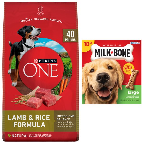 Purina ONE SmartBlend Lamb & Rice Adult Formula Dry Food + Milk-Bone Original Large Biscuit Dog Treats slide 1 of 9