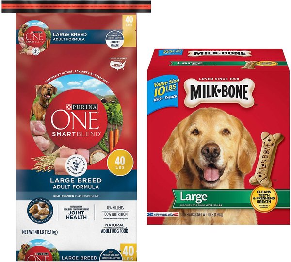 Purina ONE SmartBlend Large Breed Adult Formula Dry Food + Milk-Bone Original Large Biscuit Dog Treats slide 1 of 7
