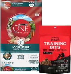 Purina ONE SmartBlend Large Breed Puppy Formula Dry Food + American Journey Beef Recipe Grain-Free Soft & Chewy Training Bits Dog Treats
