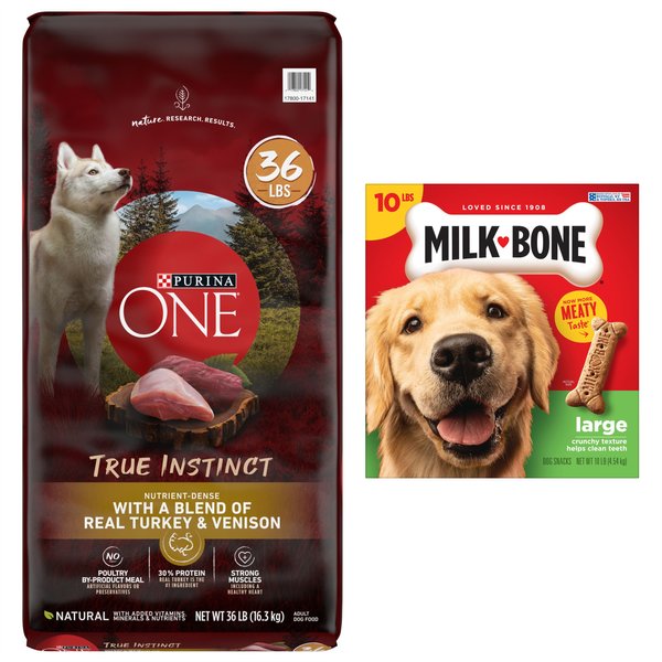Purina ONE True Instinct with Real Turkey & Venison High Protein Adult Dry Food + Milk-Bone Original Large Biscuit Dog Treats slide 1 of 9
