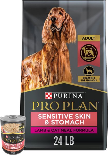 Purina Pro Plan Adult Sensitive Skin & Stomach Lamb & Oatmeal Formula Dry Food + Focus Classic Salmon & Rice Entree Canned Dog Food slide 1 of 9