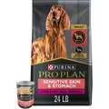 Purina Pro Plan Adult Sensitive Skin & Stomach Lamb & Oatmeal Formula Dry Food + Focus Classic Salmon & Rice Entree Canned Dog Food