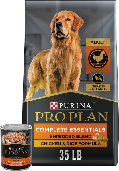 Purina Pro Plan Adult Shredded Blend Chicken & Rice Formula Dry, 35-lb bag + Canned Dog Food, 13-oz, case of 12 slide 1 of 9