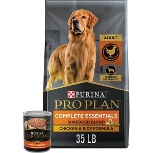 Purina Pro Plan Adult Shredded Blend Chicken & Rice Formula Dry, 35-lb bag + Canned Dog Food, 13-oz, case of 12