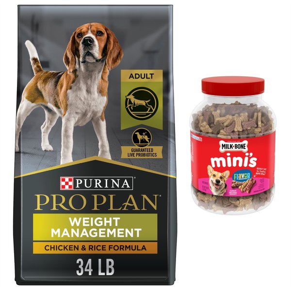Purina Pro Plan Adult Weight Management Formula Dry Food + Milk-Bone Mini's Flavor Snacks Beef, Chicken & Bacon Flavored Biscuit Dog Treats slide 1 of 9